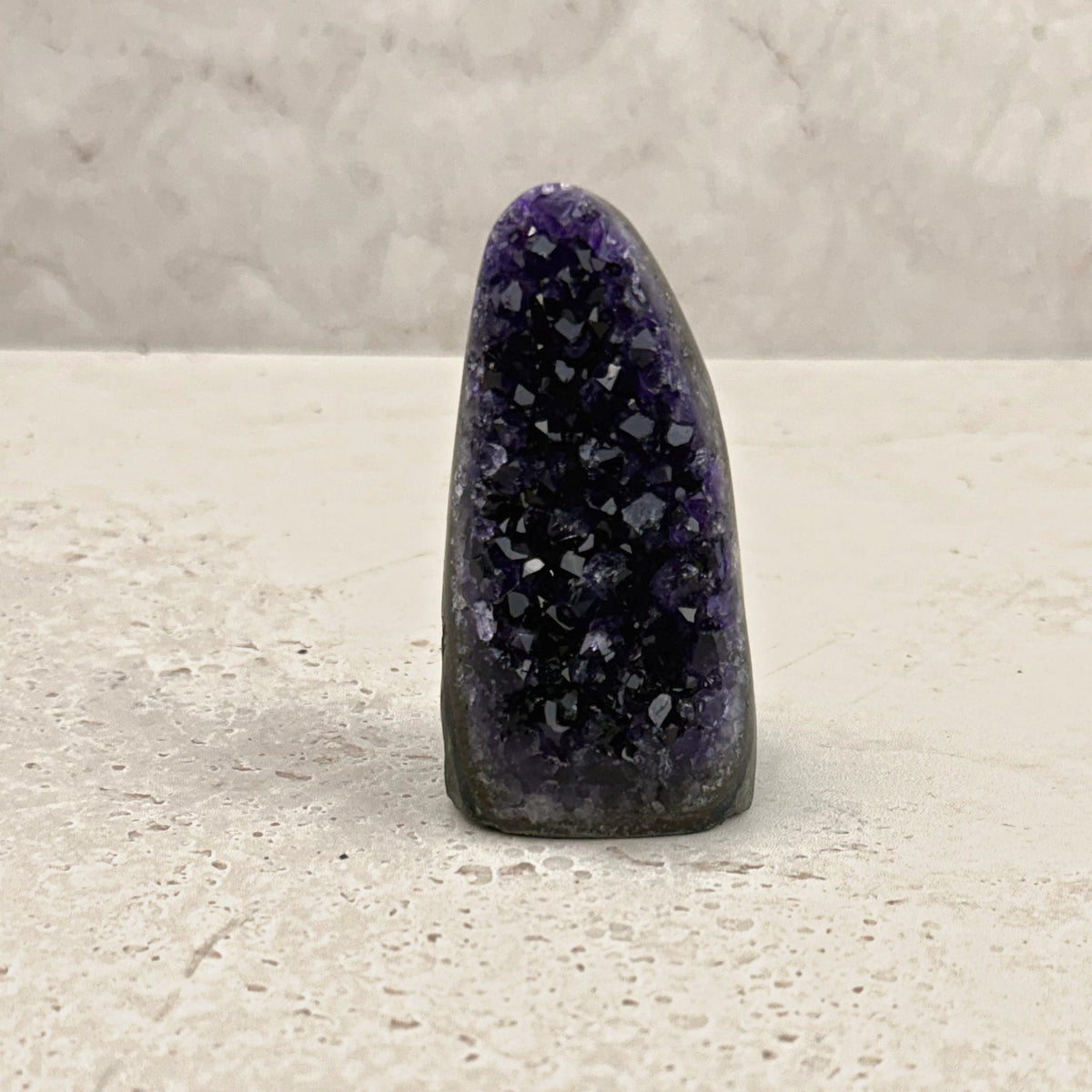 Base cut amethyst crystal 8cm, slim bullet shape of purple crystals, front view — Eternal Spirit