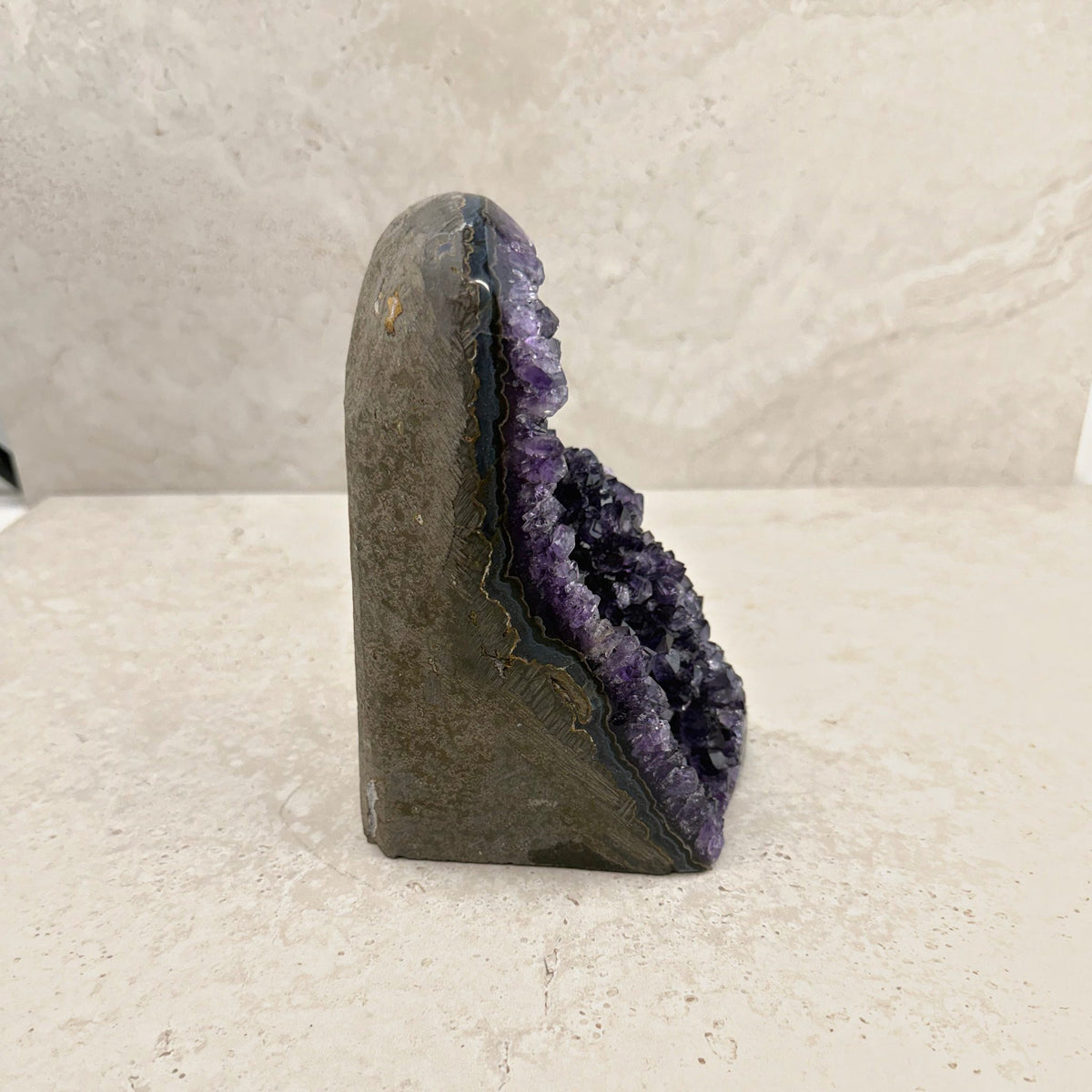 Base cut amethyst crystal 17.5cm, layered grey shell, side view — Eternal Spirit