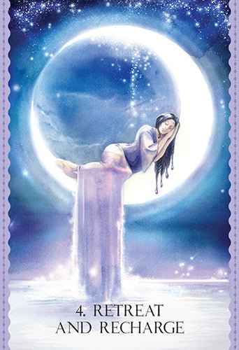 Cosmic Dancer Oracle deck, Retreat and Recharge card with dancing figure amid stars and moon — Eternal Spirit