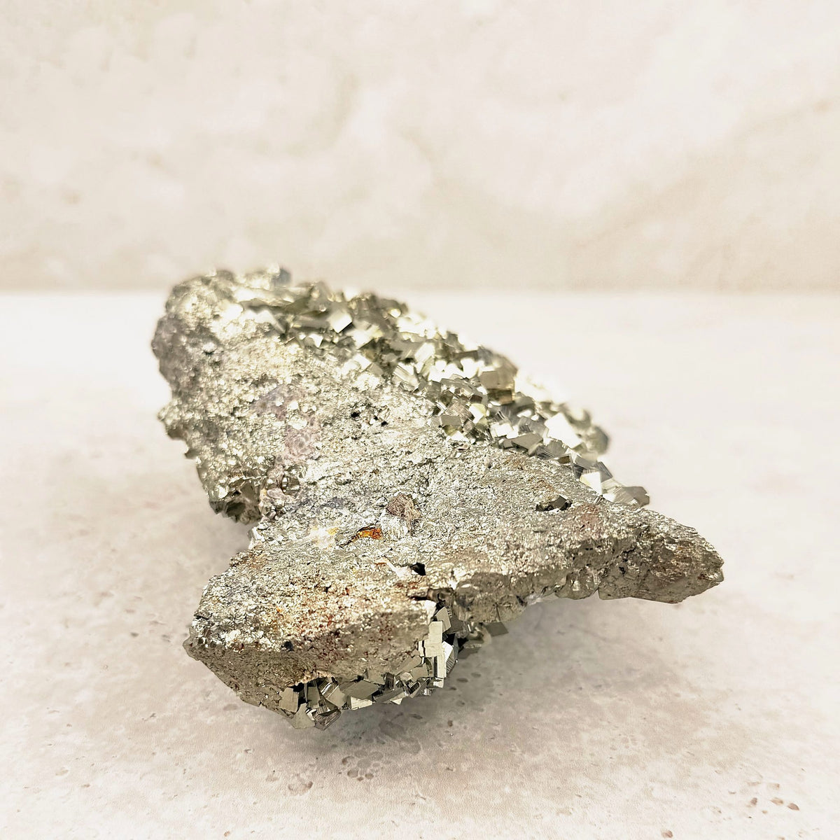 Cubic pyrite crystal cluster 19cm, brassy cubes crowding the top, side view — Eternal Spirit