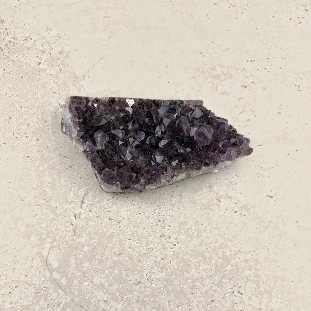 Amethyst crystal cluster 16cm, very dark purple crystals, high angled view — Eternal Spirit