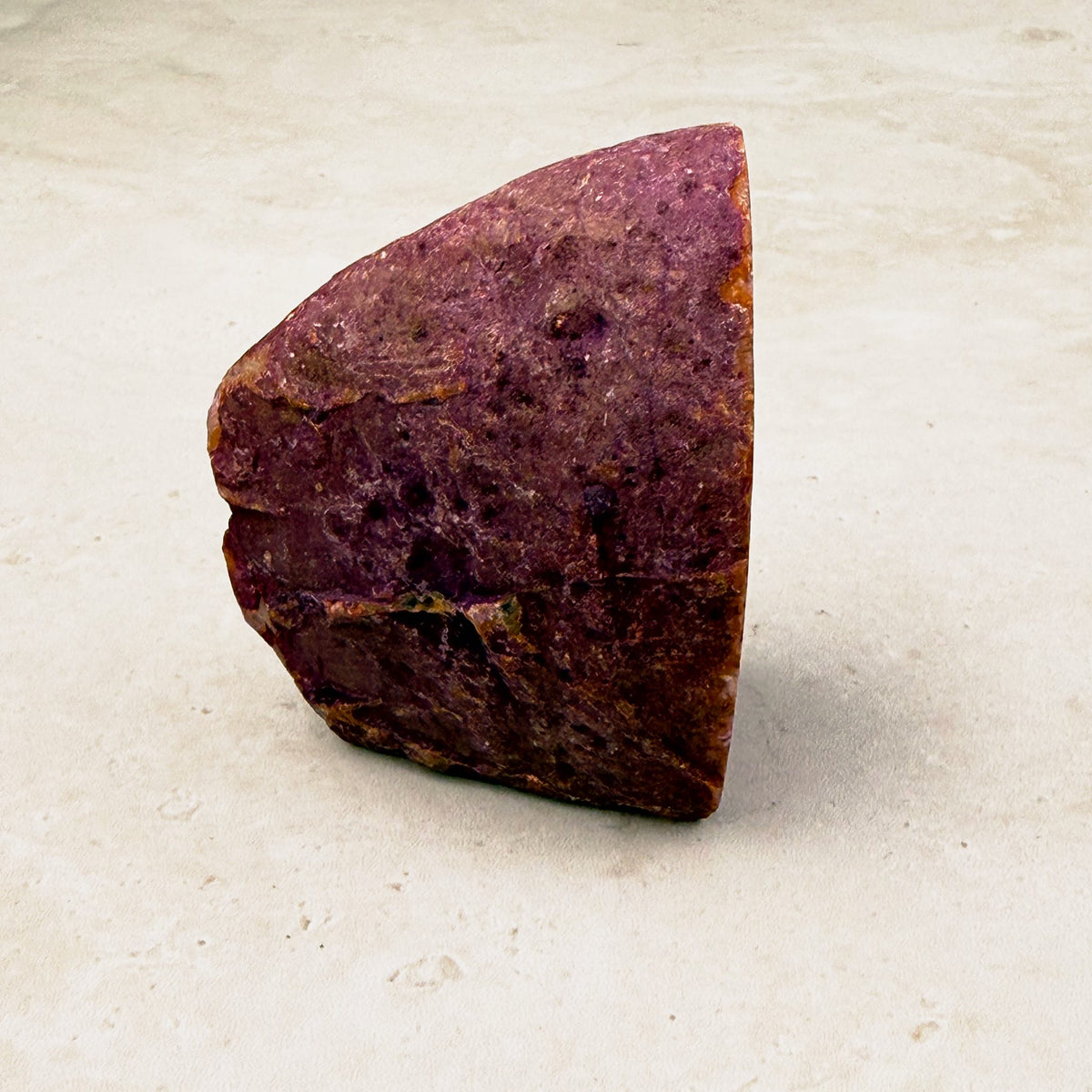 Dyed pink agate crystal geode 6.5cm, rough red-pink outer rind, side view — Eternal Spirit