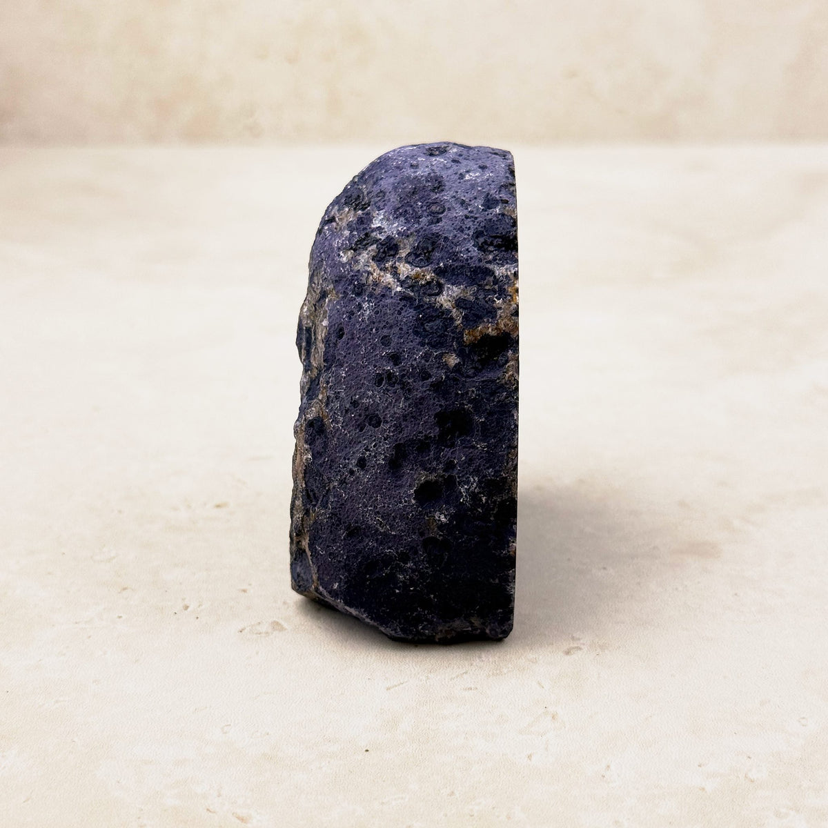 Dyed purple agate crystal geode 6cm, textured purple outer rind, side view — Eternal Spirit