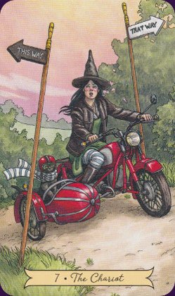 The Chariot card with witch on red motorcycle at crossroads, Everyday Witch Tarot — Eternal Spirit