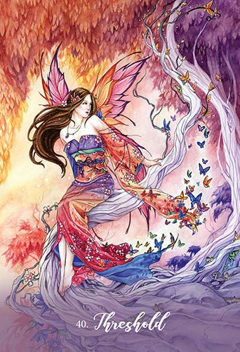 Foxfire Oracle deck, Threshold card with fox amid mystical moonlit landscape — Eternal Spirit