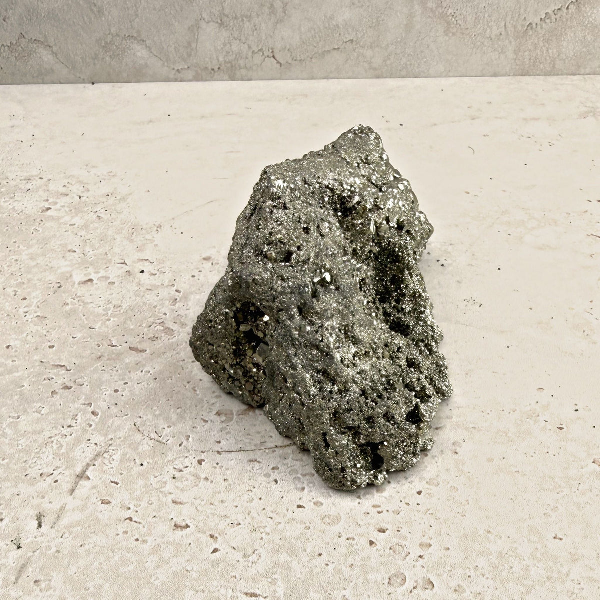 Pyrite crystal cluster 12cm, golden metallic mound, high angled view — Eternal Spirit