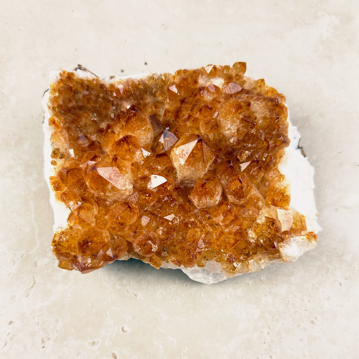 Heated citrine crystal cluster 14.5cm, a dense bed of amber points on white quartz, viewed from above — Eternal Spirit