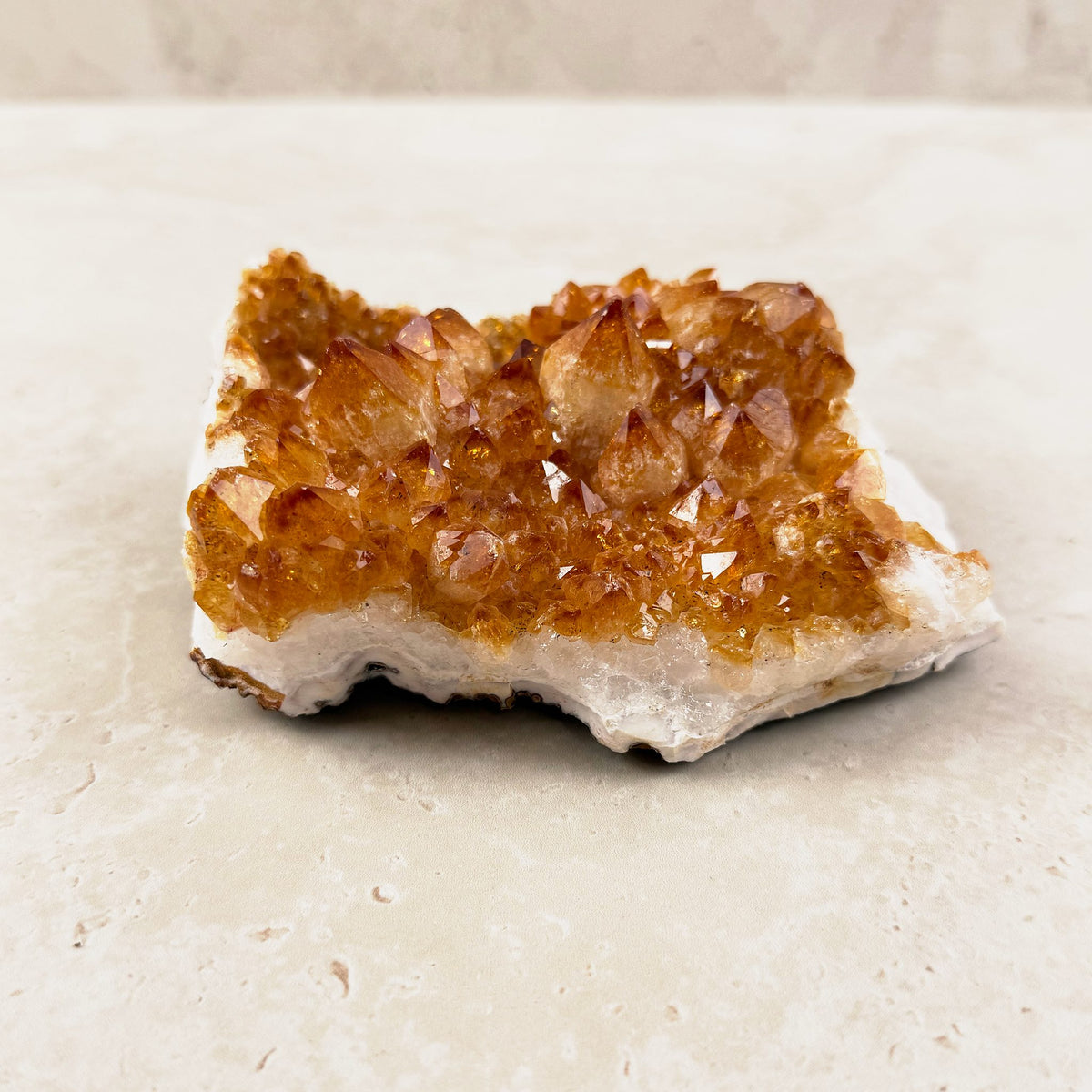 Heated citrine crystal cluster 14.5cm, amber points along a white quartz base, side view — Eternal Spirit
