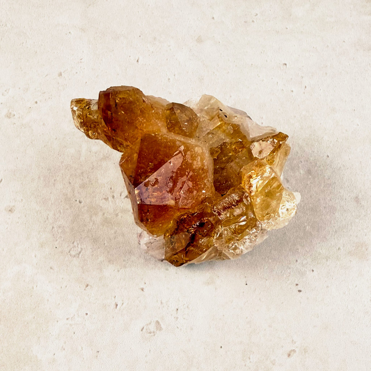 Heated citrine crystal cluster 7.5cm, a few large amber points leaning together, front view — Eternal Spirit