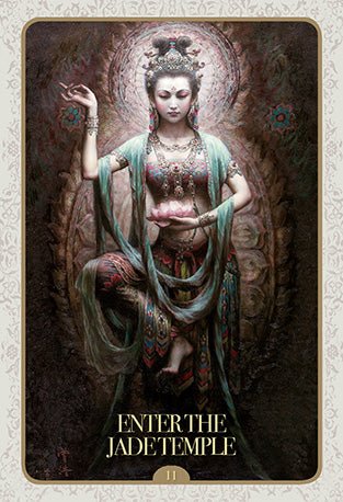 Enter the Jade Temple card with serene Kuan Yin statue in temple — Eternal Spirit