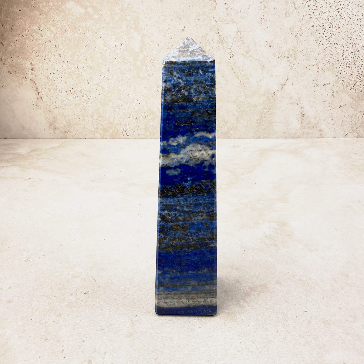 Lapis lazuli crystal obelisk 13.5cm, royal blue with white and gold bands, standing upright — Eternal Spirit