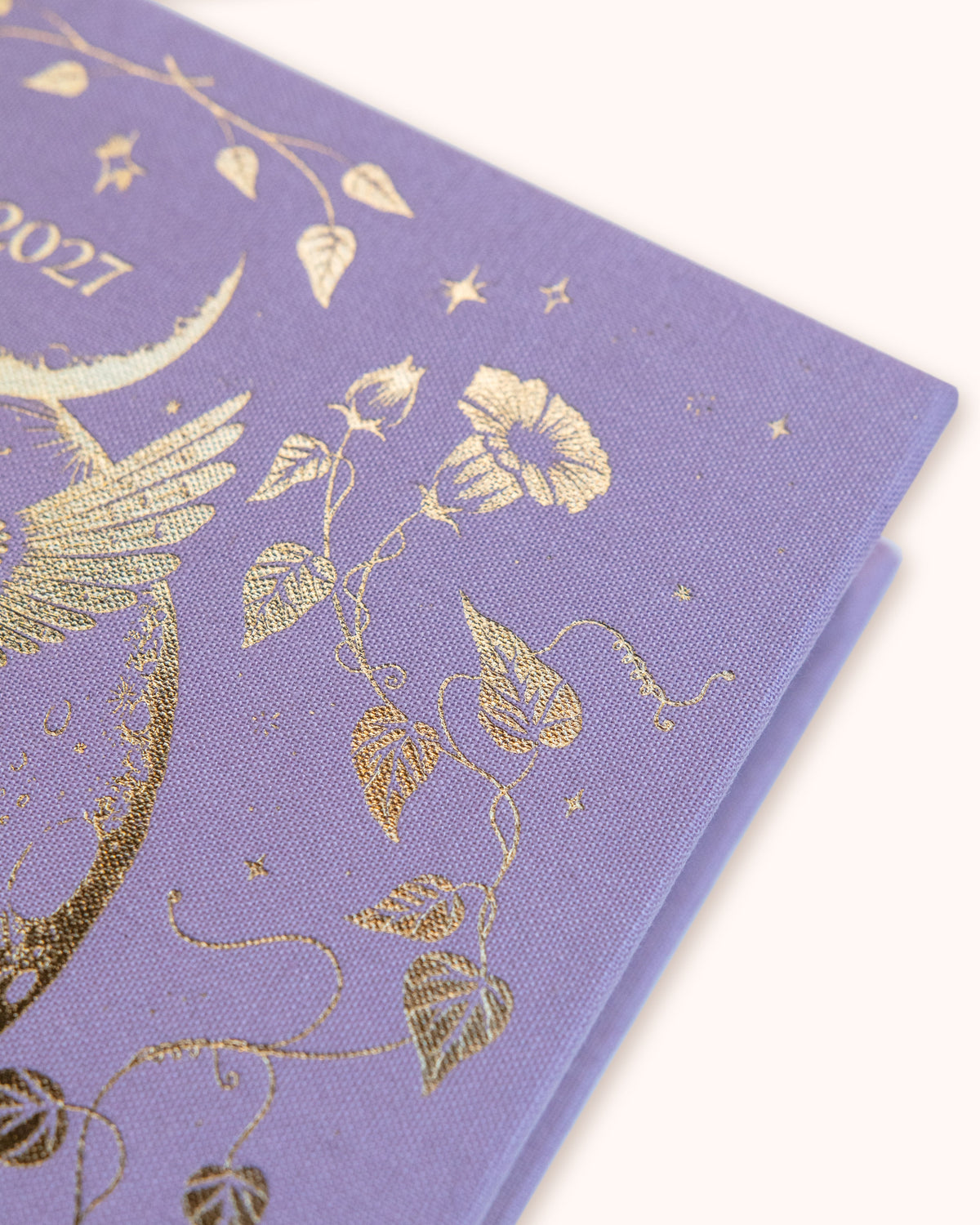 Dreamy Moons diary, corner of the Lavender cloth cover with gold foil flowers — Eternal Spirit