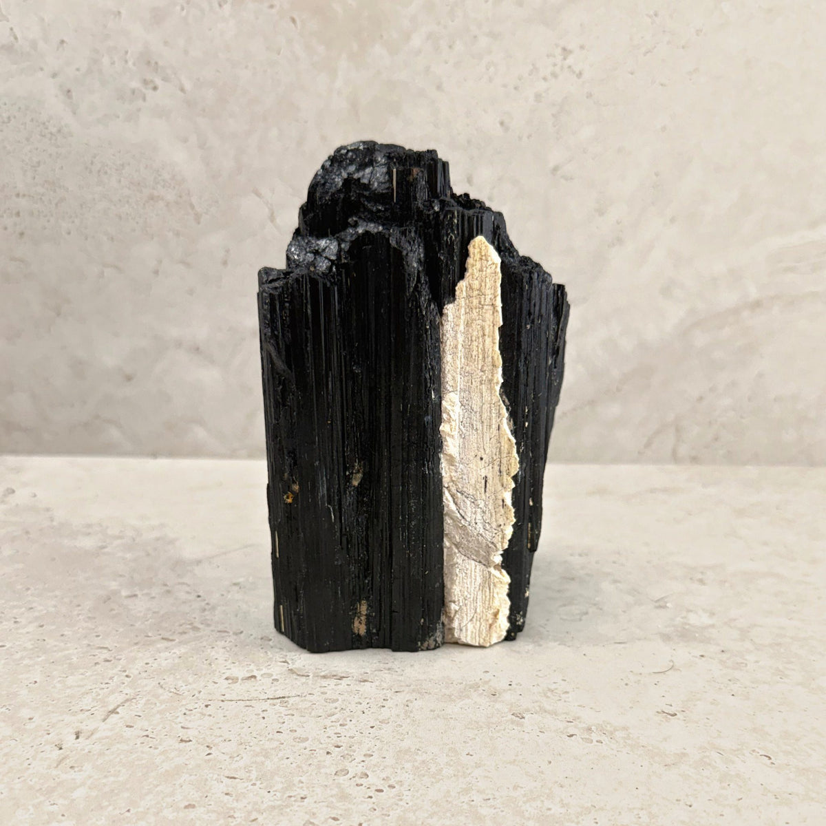 Rough black tourmaline crystal 15cm, pale host rock along one face, side view — Eternal Spirit