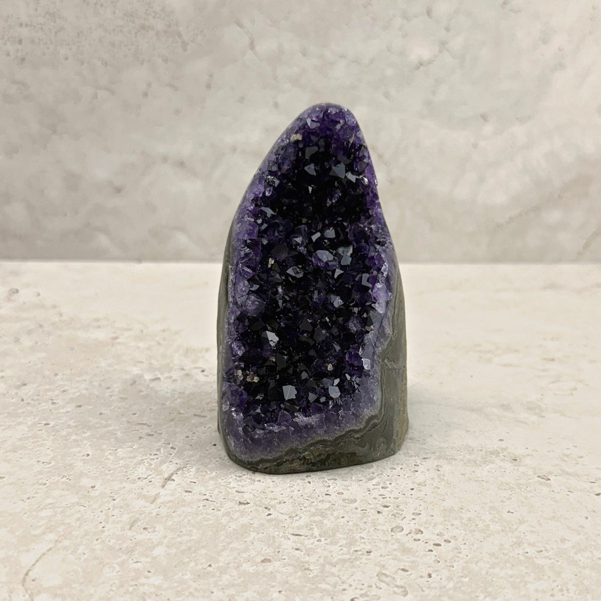 Base cut amethyst crystal 12cm, tall arch of glittering purple crystals, front view — Eternal Spirit