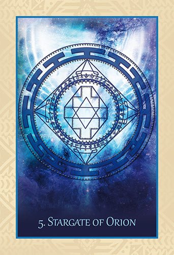 Native Heart Healing Oracle deck, Stargate of Orion card with geometric sacred symbol and blue star field — Eternal Spirit