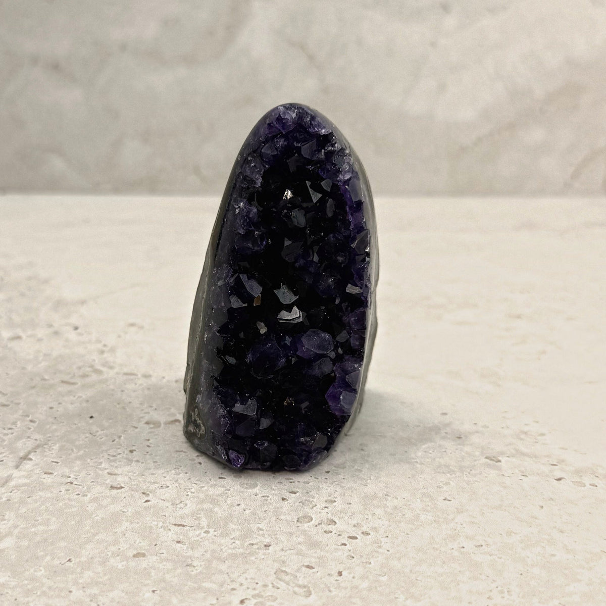 Base cut amethyst crystal 8.5cm, slim oval of dark purple crystals, front view — Eternal Spirit