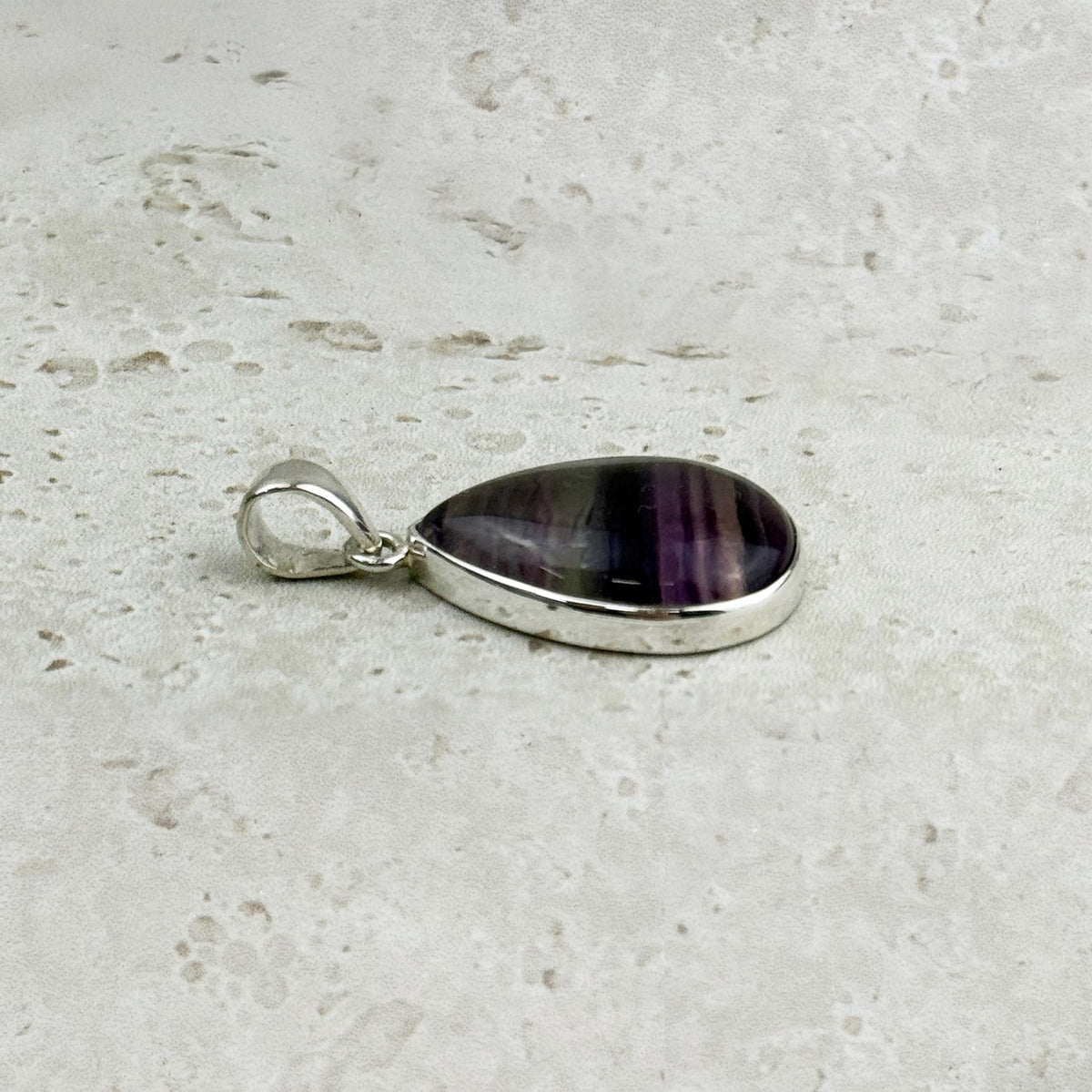 Rainbow Fluorite Teardrop Cabochon Sterling Silver Pendant, detail view — Eternal Spirit