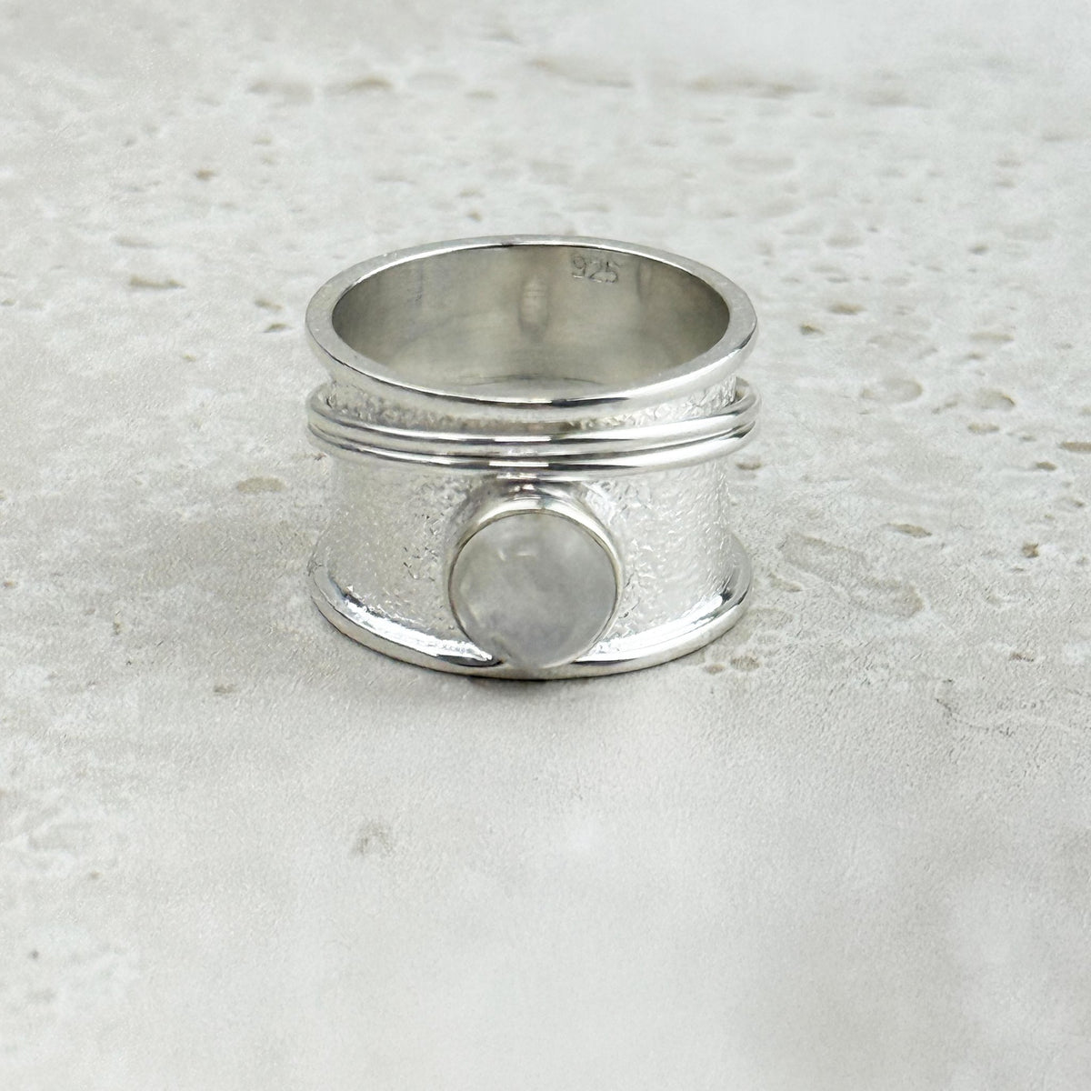 Rainbow Moonstone Cabochon Sterling Silver Spinner Ring, alternate angle — Eternal Spirit