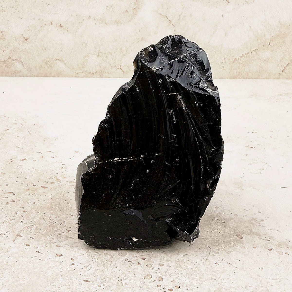 Ridged black obsidian rough 10cm, feathery ridges on a glossy face, standing upright — Eternal Spirit