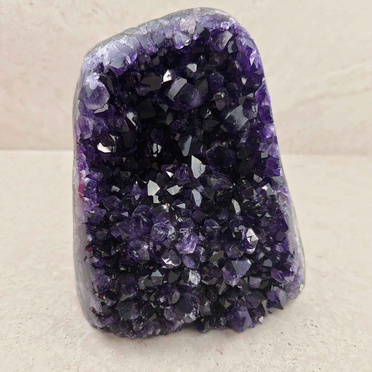 Base cut amethyst crystal 18cm, deep purple crystal cavity, front view — Eternal Spirit