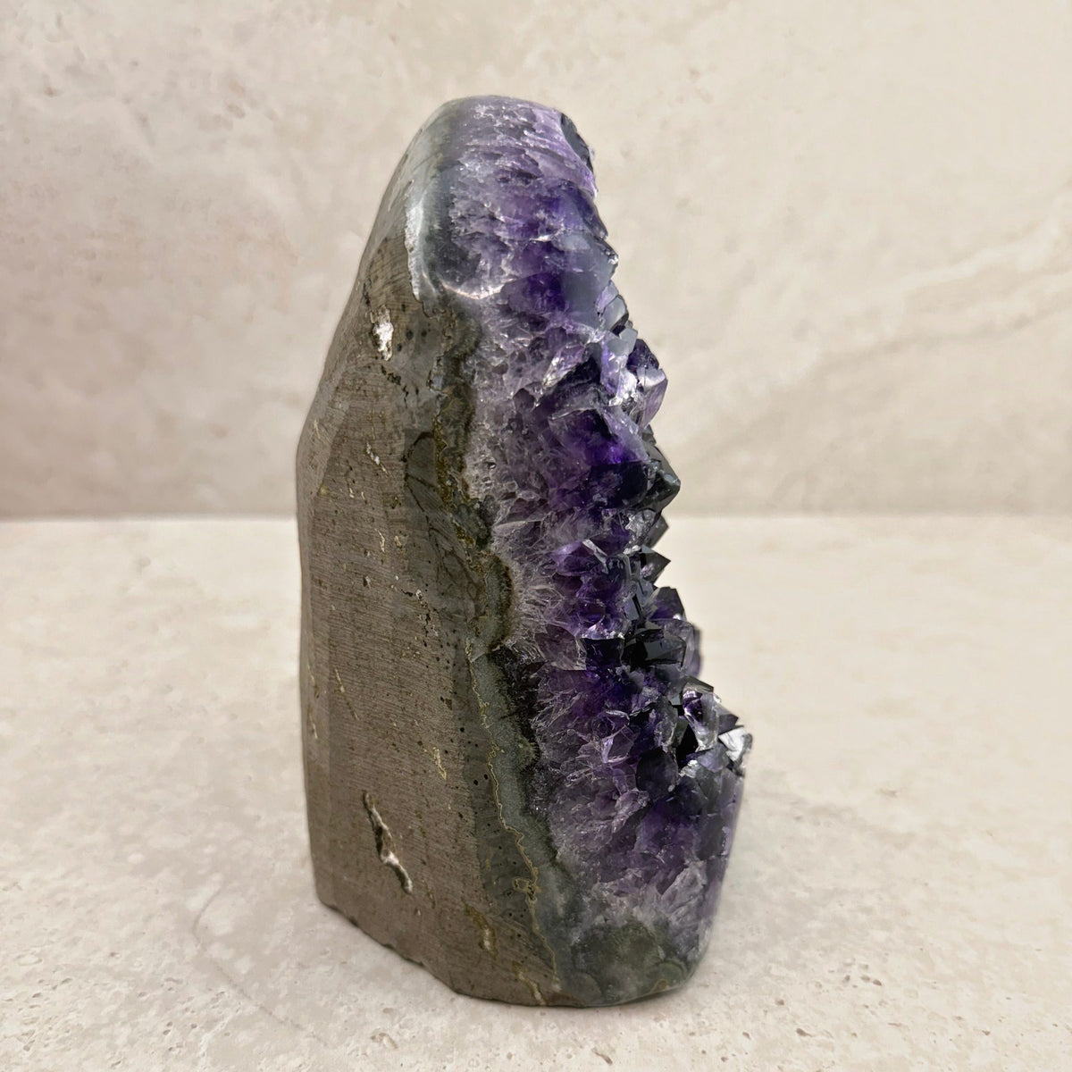Base cut amethyst crystal 17.5cm, grey stone shell beside the crystals, side view — Eternal Spirit