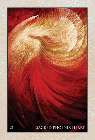 Rumi Oracle deck, Sacred Phoenix Heart card with fiery red phoenix and golden flames — Eternal Spirit