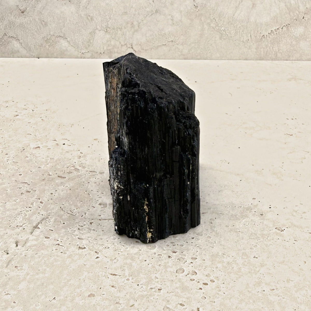 Rough black tourmaline crystal 8cm, chunky stepped block, side view — Eternal Spirit
