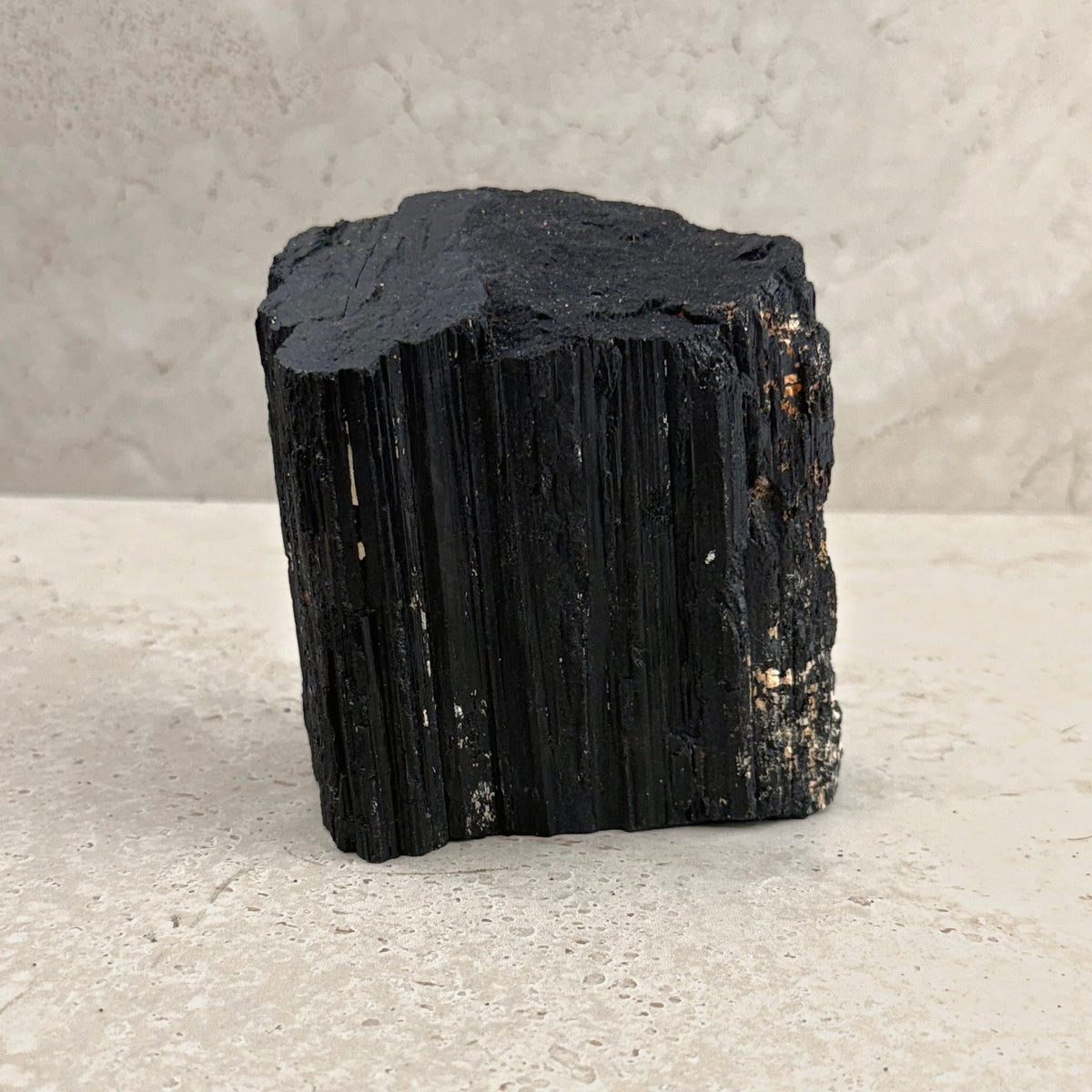 Rough black tourmaline crystal 11.5cm, stout square column, front view — Eternal Spirit