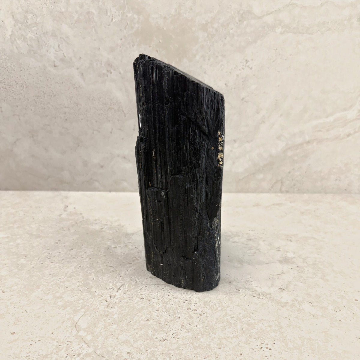 Rough black tourmaline crystal 20cm, tall striated column, side view — Eternal Spirit