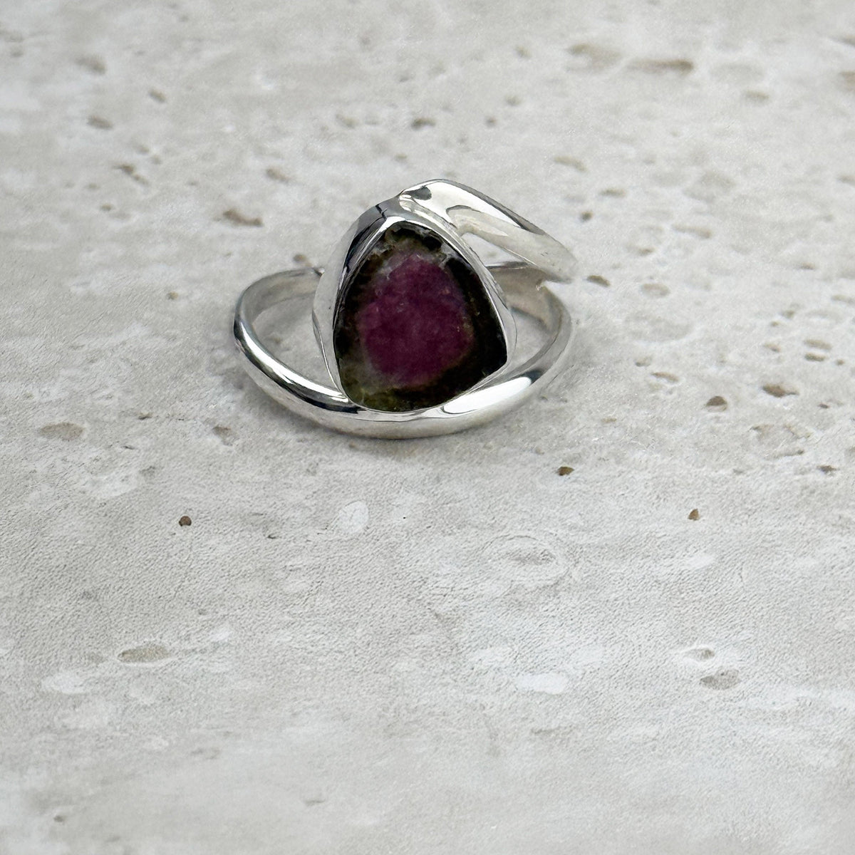 Watermelon Tourmaline Natural Slice Sterling Silver Ring | Size 7, alternate angle — Eternal Spirit