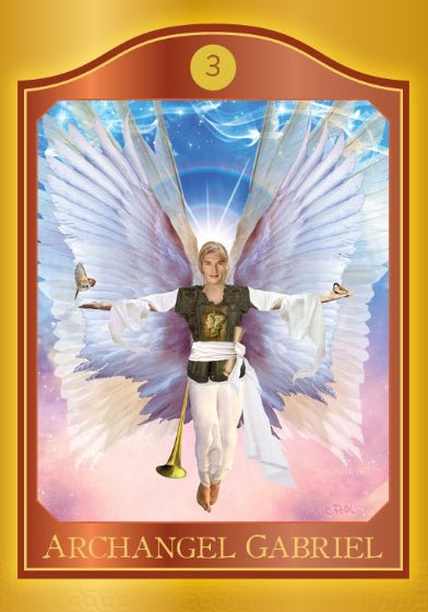 Archangel Gabriel card with luminous wings spread wide, from The Akashic Tarot — Eternal Spirit