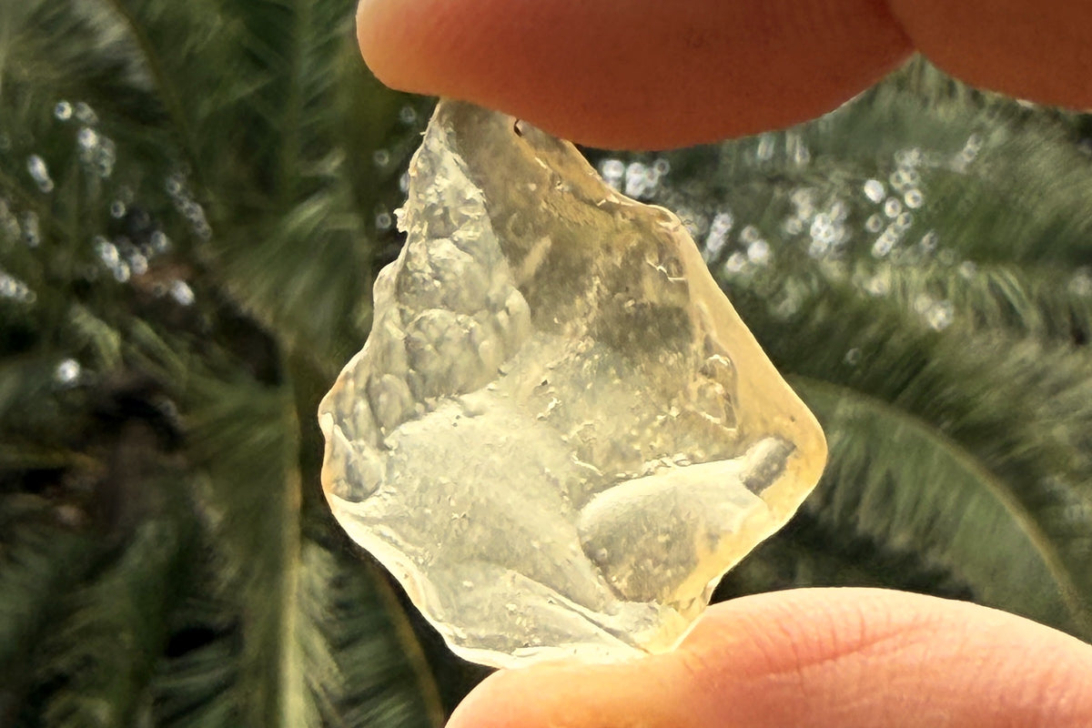 The same piece of Libyan Desert Glass held up to the light outdoors, glowing pale gold — Eternal Spirit