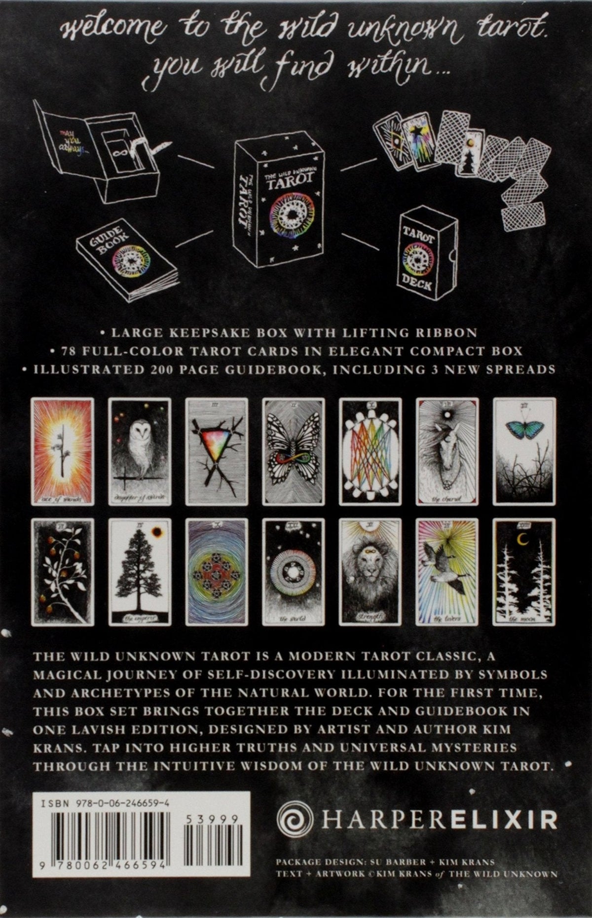 Back of The Wild Unknown Tarot box showing deck contents and guidebook details — Eternal Spirit
