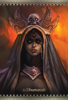 Kali Oracle deck, Dhumavati card 21 with dark feminine deity in fiery dramatic tones — Eternal Spirit