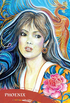 The Zen of Animals Oracle deck, Phoenix card with vibrant watercolour firebird rising in golden flames — Eternal Spirit