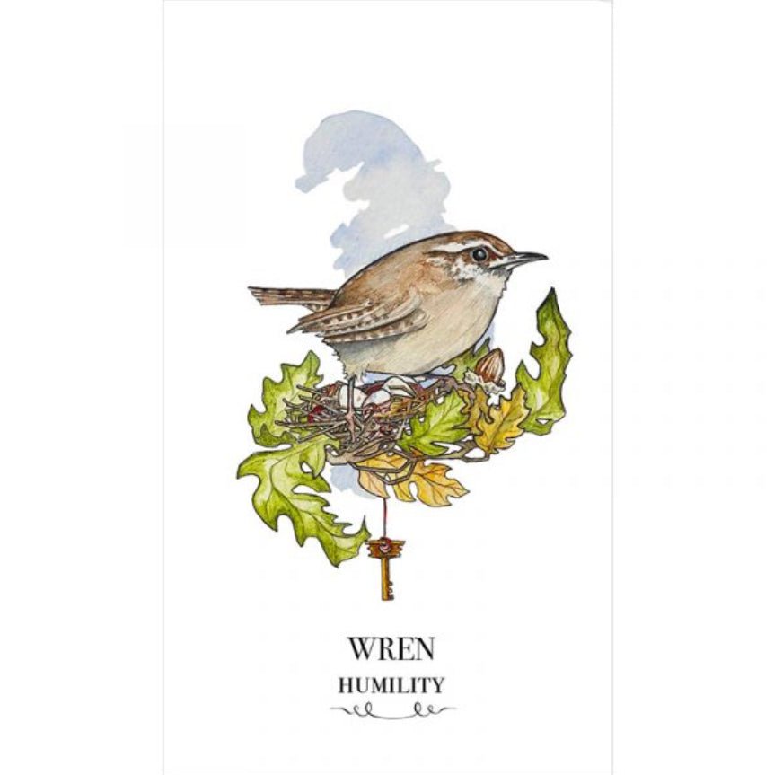 Winterseer Animal Oracle deck, Wren card with delicate brown bird perched on winter branch — Eternal Spirit