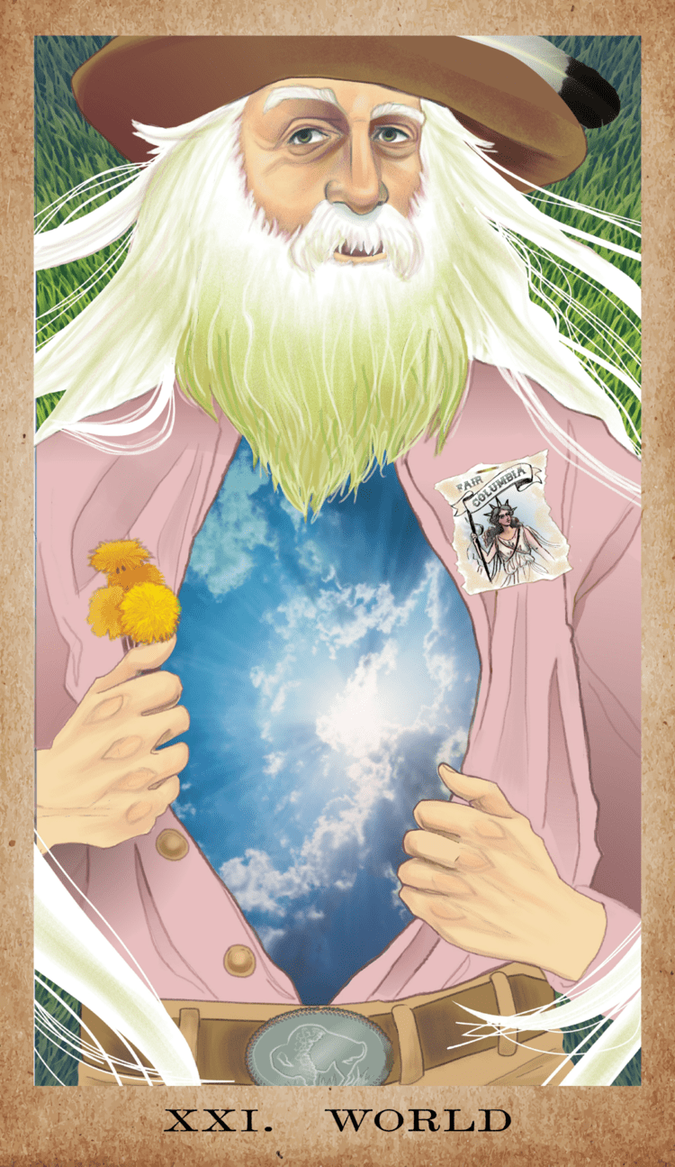 XXI World card with white-bearded wizard holding crystal globe, American Renaissance Tarot — Eternal Spirit