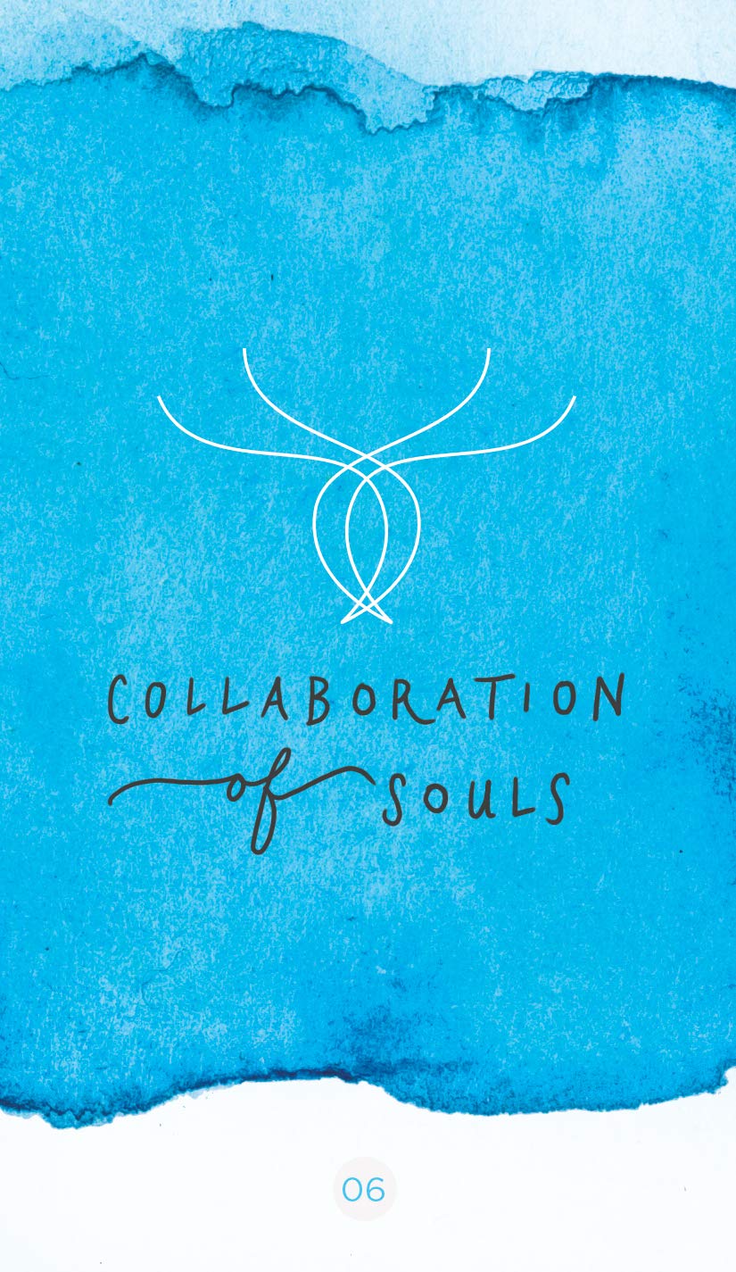 Sacred Creators Oracle deck, Collaboration of Souls card with blue celestial figures and starlight — Eternal Spirit