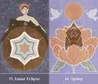 The Sacred Cycles Oracle deck, Lunar Eclipse and Spring cards showing celestial star and moon imagery — Eternal Spirit
