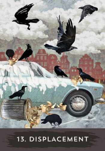 Displacement card with crows flying over urban rooftops and power lines — Eternal Spirit