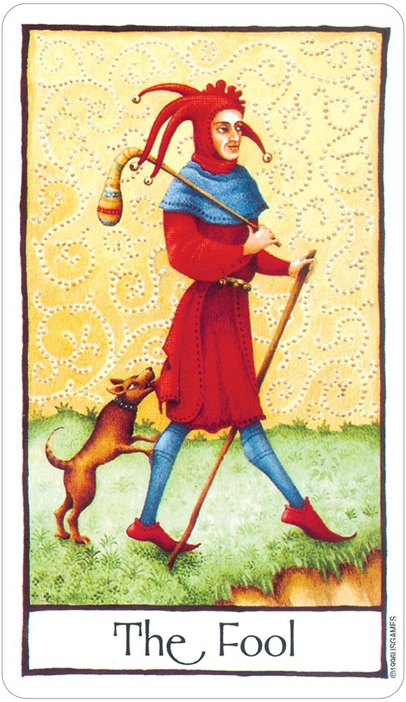 The Fool card with jester in red and green medieval costume, Old English Tarot — Eternal Spirit
