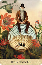 Ten of Pentacles card with woman in garden and golden orbs, Tarot of Mystical Moments — Eternal Spirit