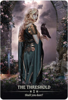 Dark Light Oracle deck, The Threshold card with cloaked figures and raven at mystical doorway — Eternal Spirit