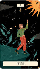 The Fool card with orange-haired figure and sun motif, Zodiac Tarot — Eternal Spirit