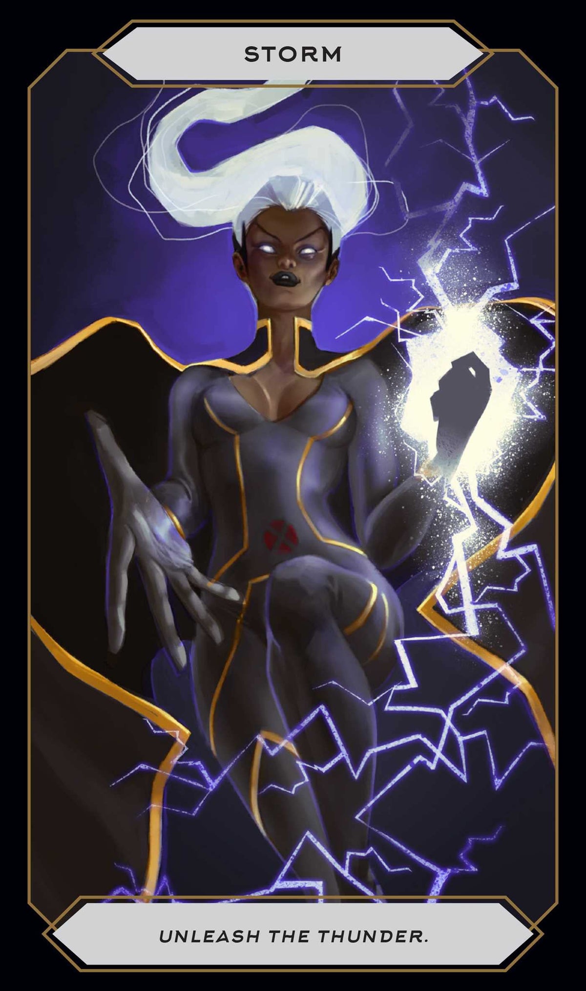 Magic Of Marvel Oracle deck, Storm card with powerful dark figure unleashing thunder and lightning — Eternal Spirit