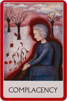 Chakra Wisdom Oracle deck, Complacency card with red border and woman's face illustration — Eternal Spirit