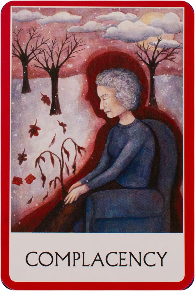 Chakra Wisdom Oracle deck, Complacency card with red border and woman's face illustration — Eternal Spirit
