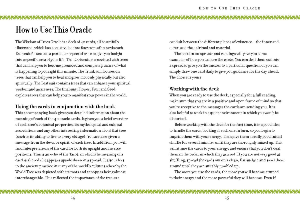 Wisdom of Trees Oracle deck, Guidebook page with tree wisdom illustrations and botanical notes — Eternal Spirit