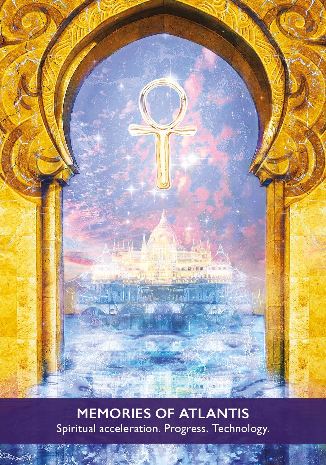 Golden portal with ankh symbol and crystal palace, Gateway of Light card — Eternal Spirit