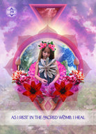 The Law of Positivism Healing Oracle deck, As I Rest In The Sacred Womb I Heal card with cosmic healing — Eternal Spirit